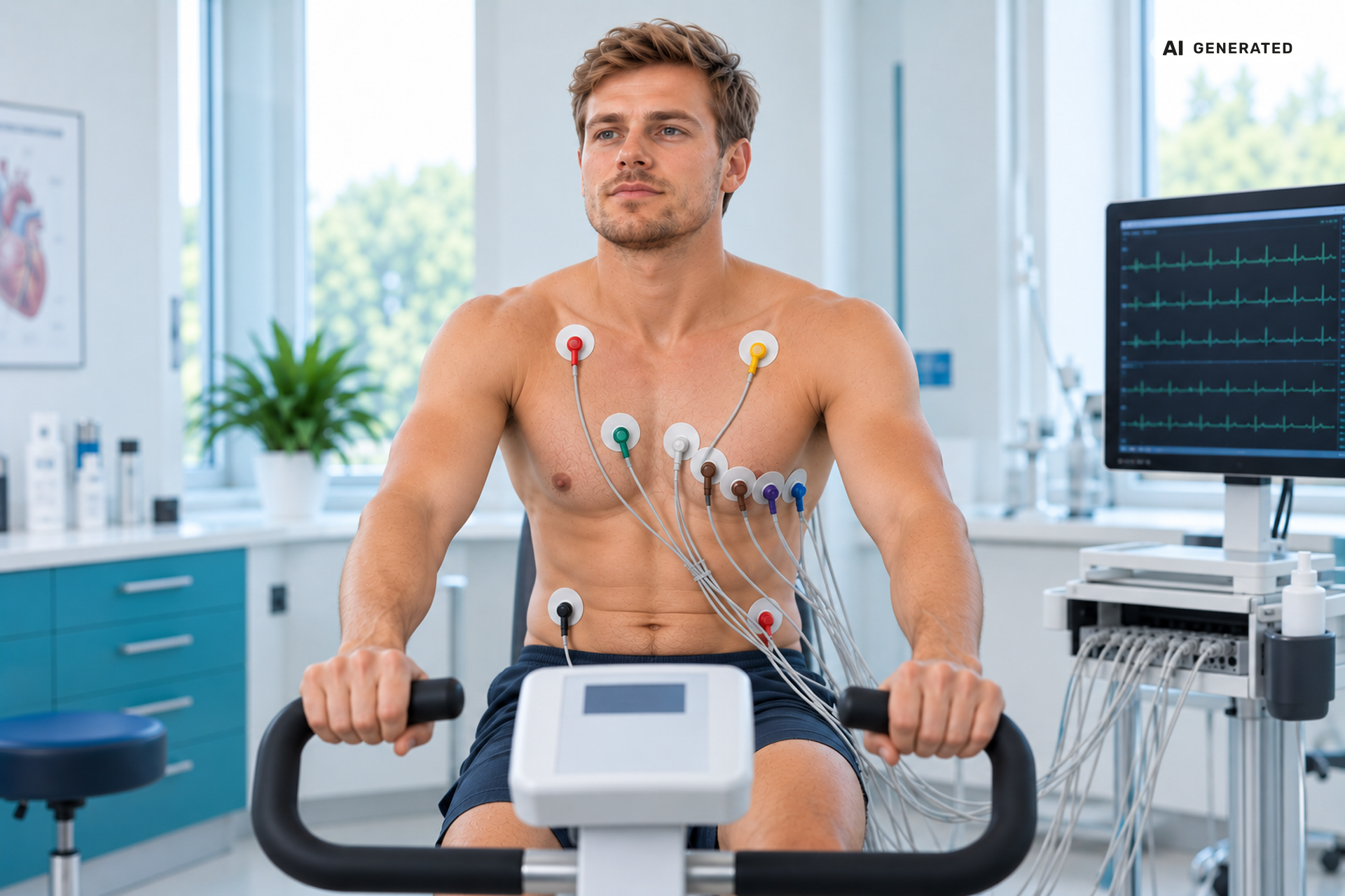 Patient bei einem Belastungs-EKG auf dem Fahrradergometer – KI-generierte Darstellung. Patient bei einem Belastungs-EKG auf dem Fahrradergometer – KI-generierte Darstellung.