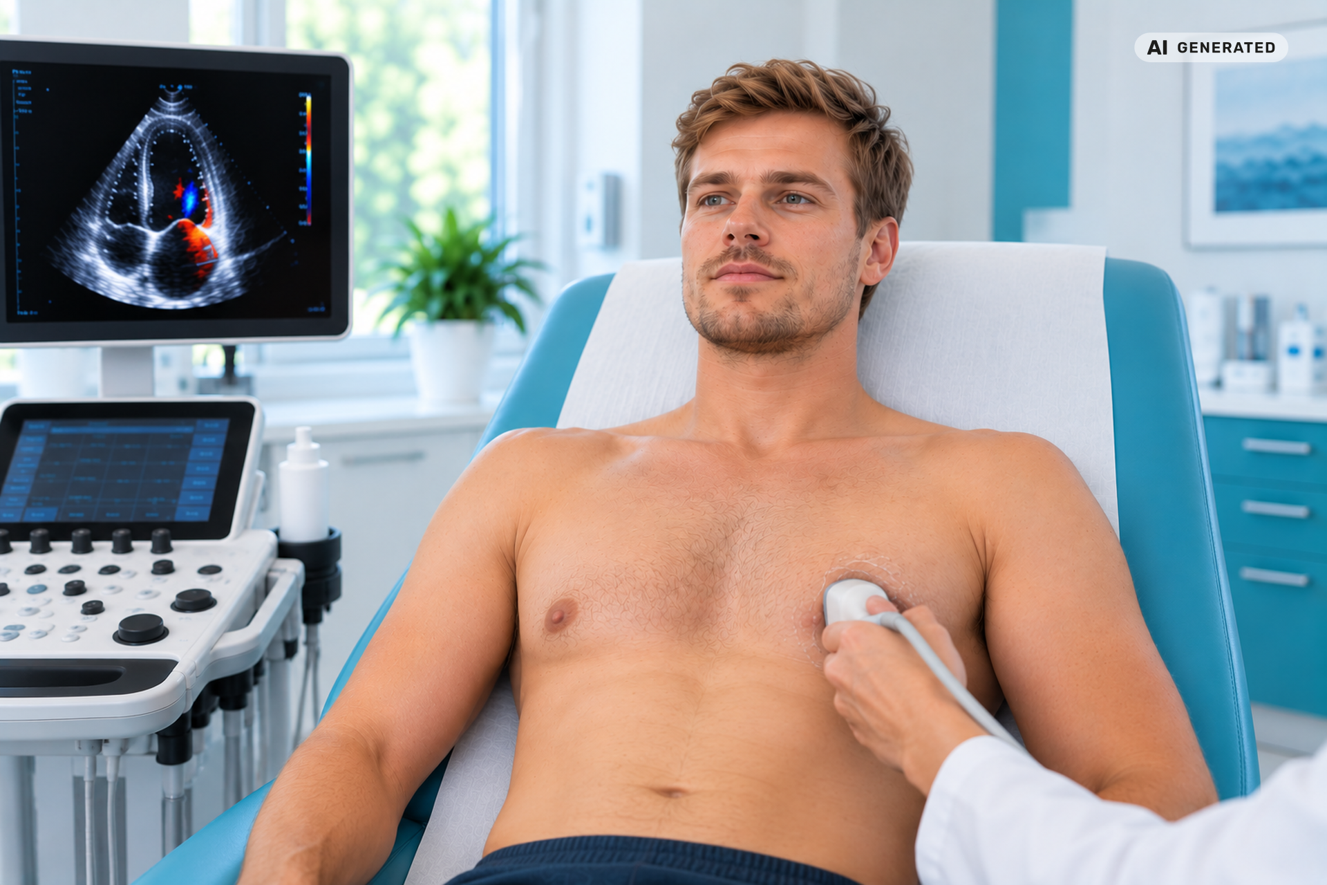 Patient bei einer Echokardiographie zur Untersuchung des Herzens – KI-generierte Darstellung. Patient bei einer Echokardiographie zur Untersuchung des Herzens – KI-generierte Darstellung.