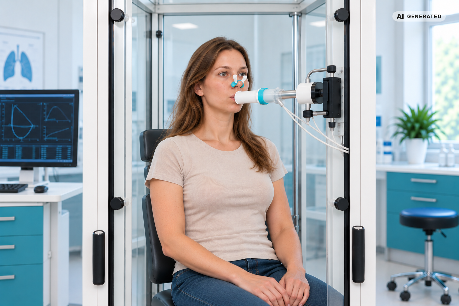 Patientin bei einer Bodyplethysmographie zur Lungenfunktionsdiagnostik – KI-generierte Darstellung. Patientin bei einer Bodyplethysmographie zur Lungenfunktionsdiagnostik – KI-generierte Darstellung.